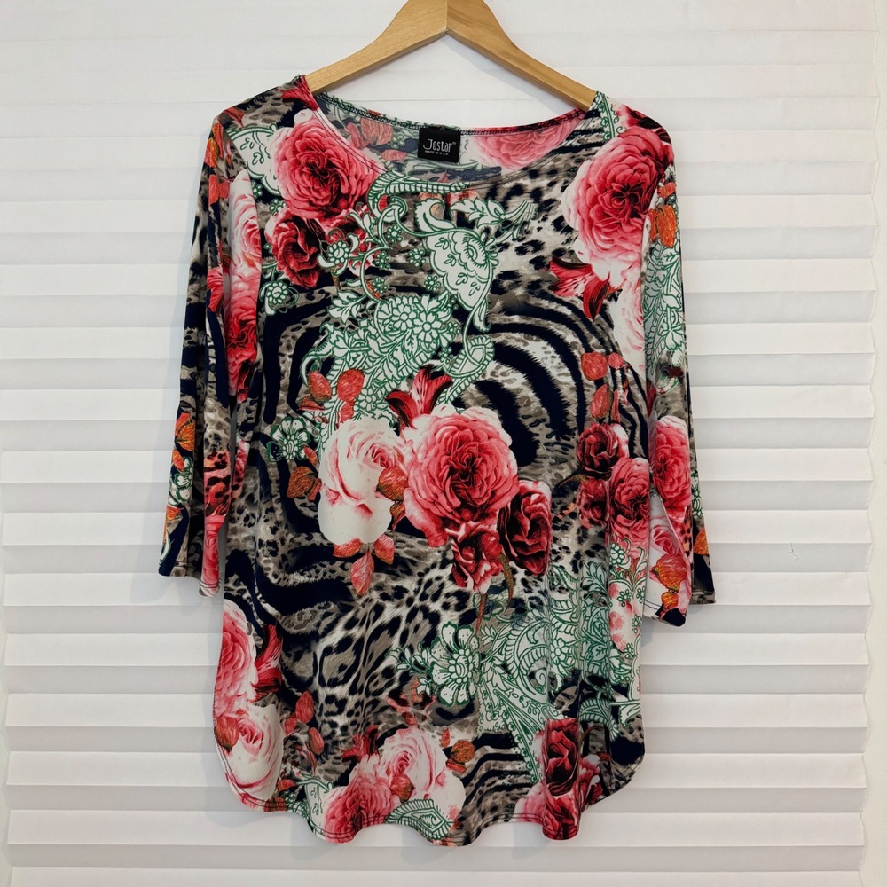 Jostar Womens Floral Leopard Paisley Print 3/4 Sleeve Slinky Knit Top Pink Sz ?